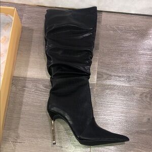 Public Desire Monica Snake Croc Slouvh Knee Black Heeled Boots NWOB New